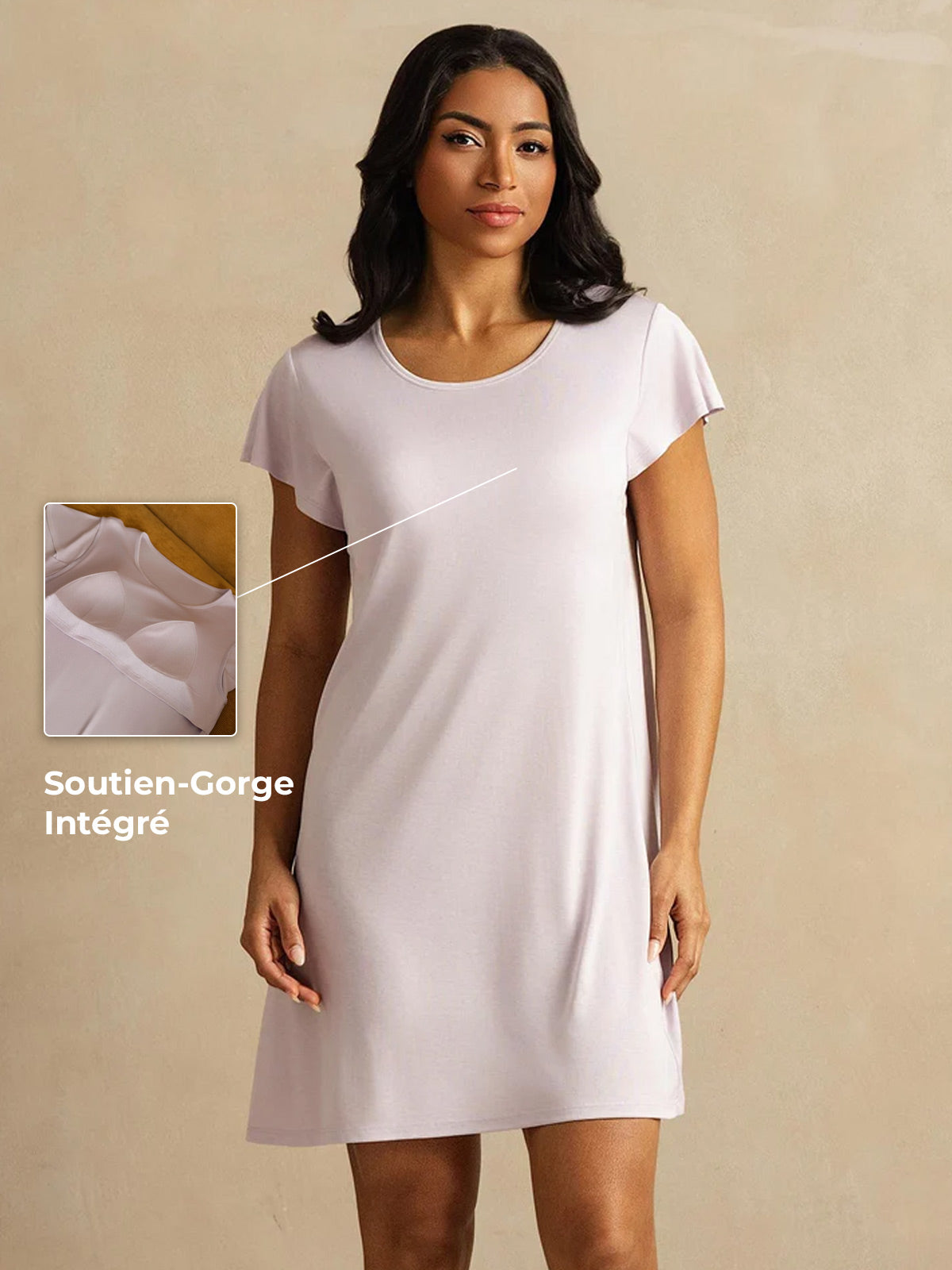 Soie Pure Chemise de Nuit Courte à Col Rond avec Design de Coussinets de Poitrine