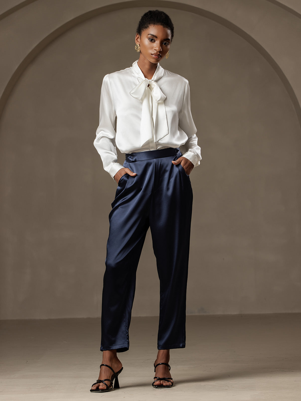 [Bleu Foncé] SilkSilky-FR 19Momme Soie Womens Pants 001