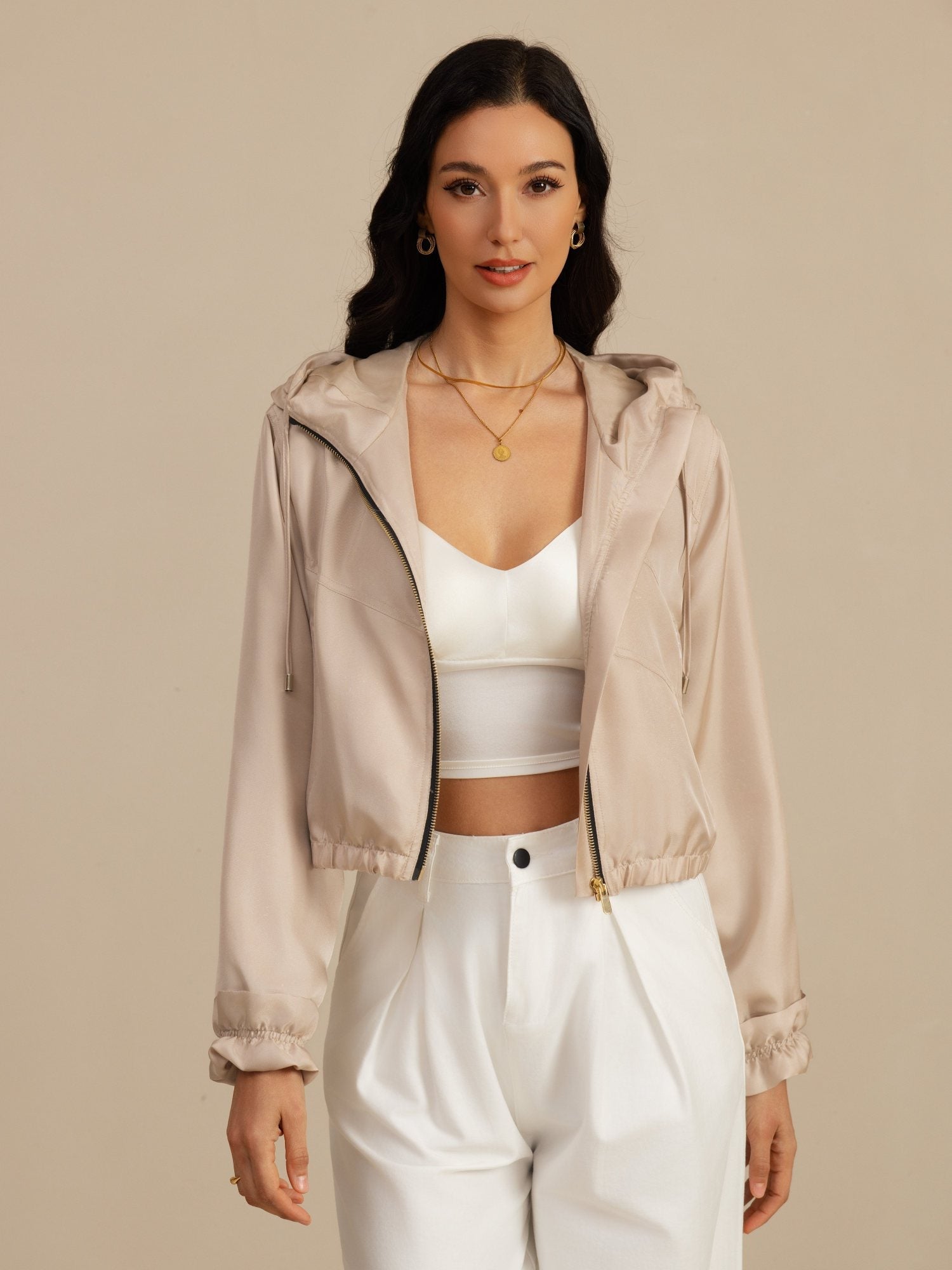 [Tan] SilkSilky-FR 18Momme Manches longues Col Haut Femme Manteaux 005