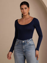 [Bleu Foncé] SilkSilky-FR Long Sleeve Col en U Femme T-Shirt 001