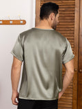 SilkSilky FR Pure Soie Manches courtes Col Rond Homme T Shirt VertGrisâtre 002