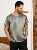 SilkSilky FR Pure Soie Manches courtes Col en V Homme T Shirt VertGrisâtre 003