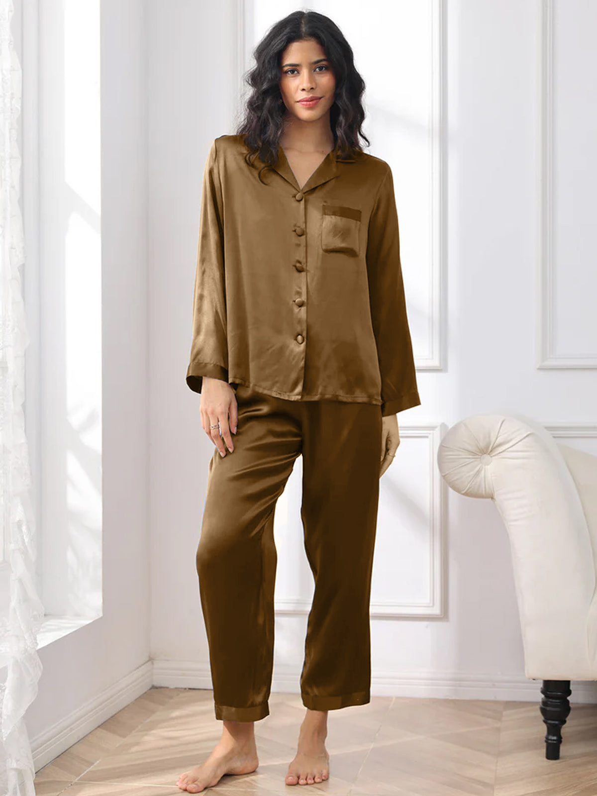 [Brun] SilkSilky-FR Pure Soie Womens Pajamas 001,
