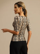 [Snakeskin] SilkSilky-FR Manches mi-longues Encolure Dégagée Femme T-Shirt 002