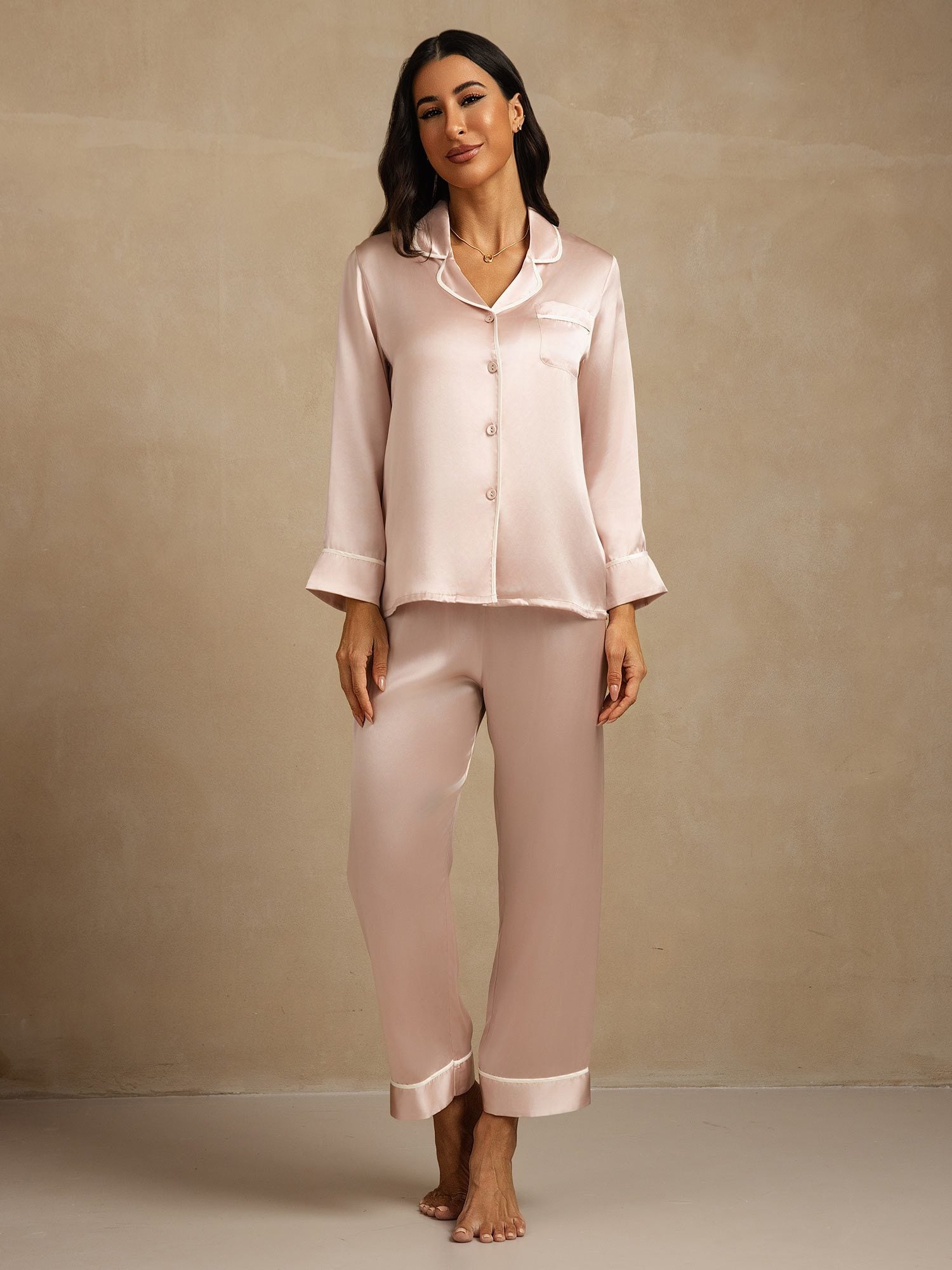 [Rose] SilkSilky-FR Soie Col Chemise Femme Pyjamas 007
