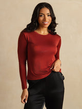 [Brique Cuite] SilkSilky-FR Long Sleeve Crew Neck Femme T-Shirt 003