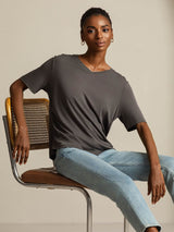[Gris] SilkSilky-FR Manches courtes Col V Femme T-Shirt 007