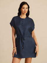 [Bleu Foncé] SilkSilky-FR 18Momme Mancheron Col Henley Robes 001