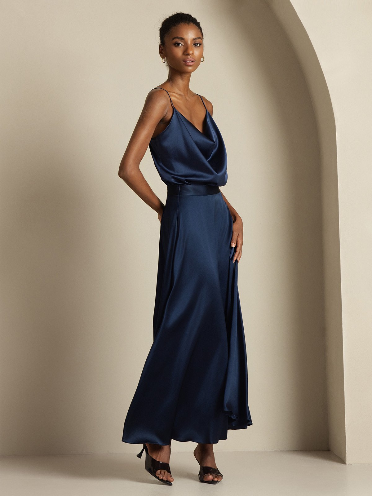 [Bleu Foncé] SilkSilky-FR 19Momme Soie Col Chemise Women''s Outfit Sets 005,