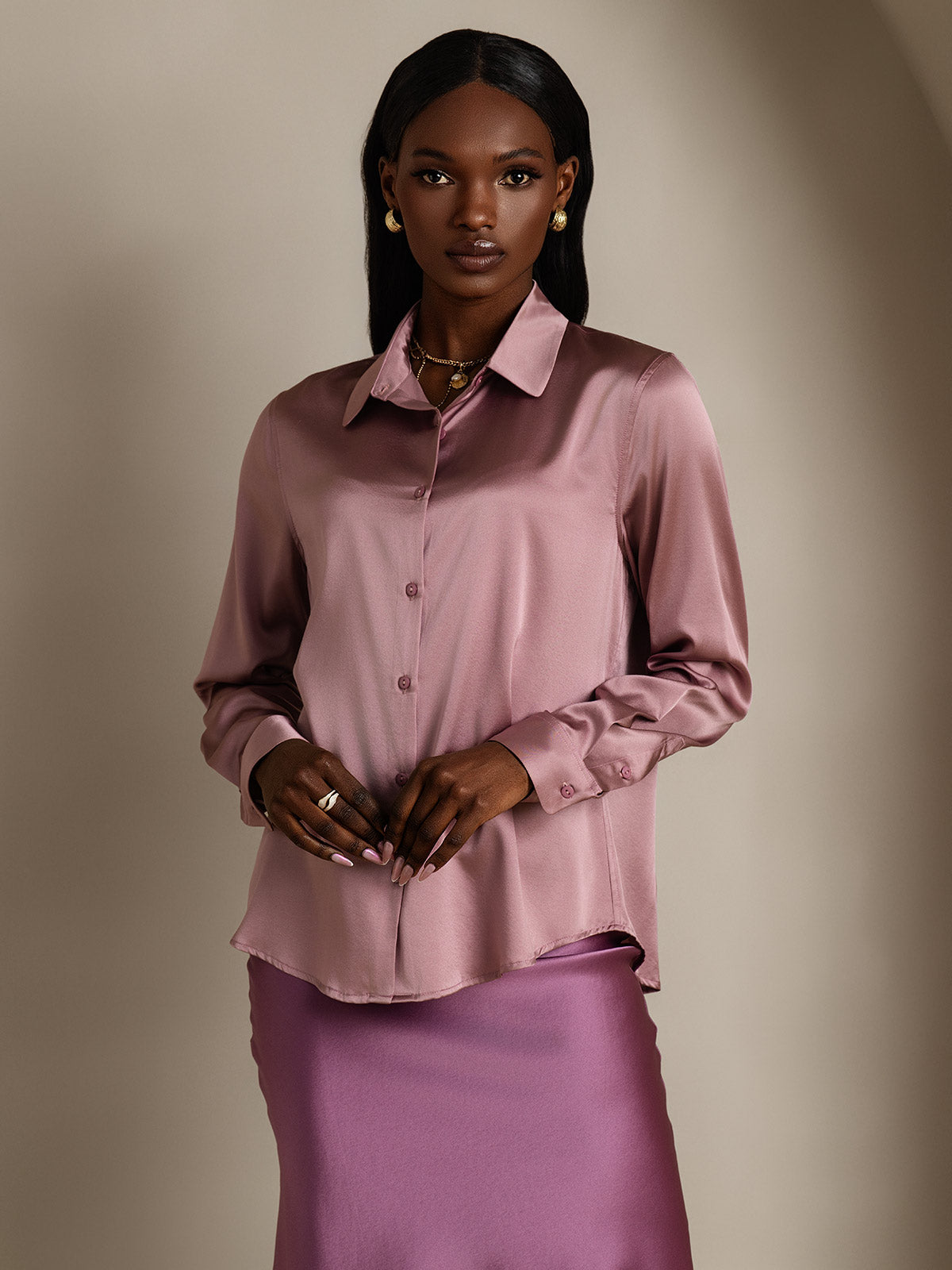[Mauve Pâle] SilkSilky-FR Soie Col Chemise Femme Chemise 005