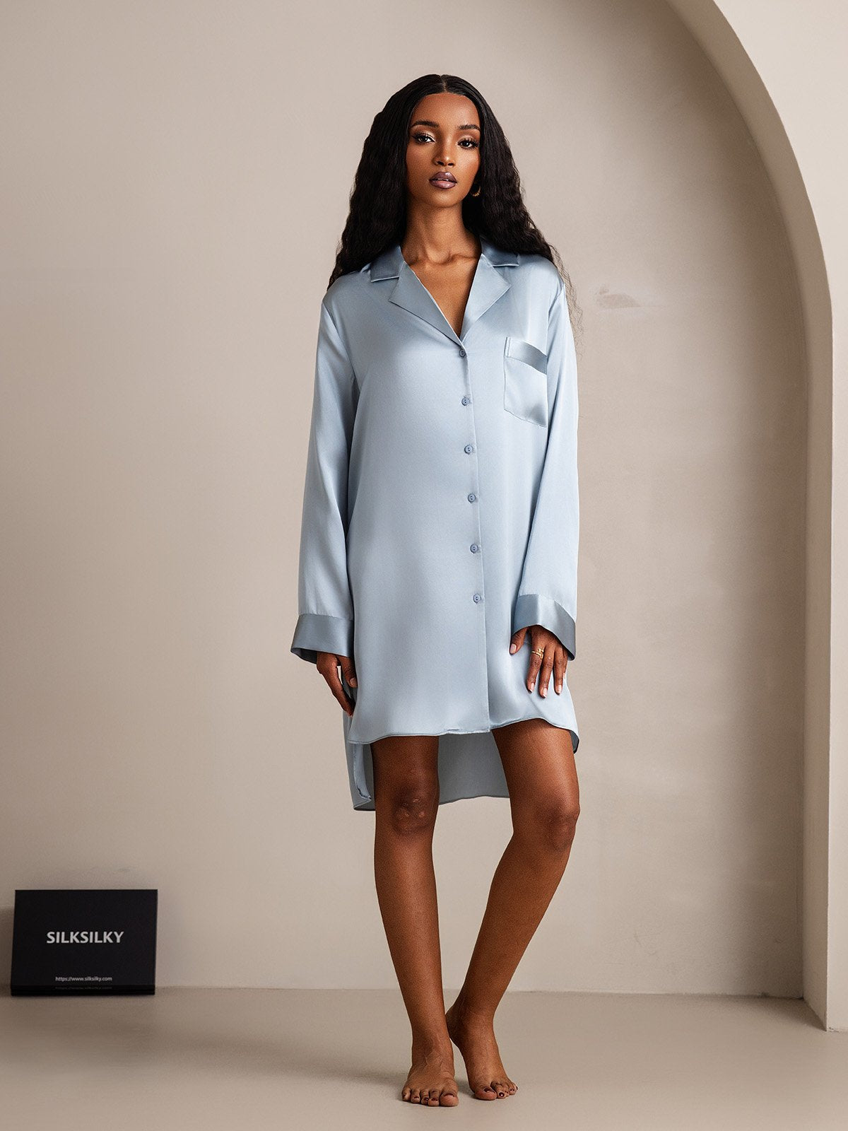 [BleuGrisâtre] SilkSilky-FR Soie Col Chemise Chemises de nuit 005