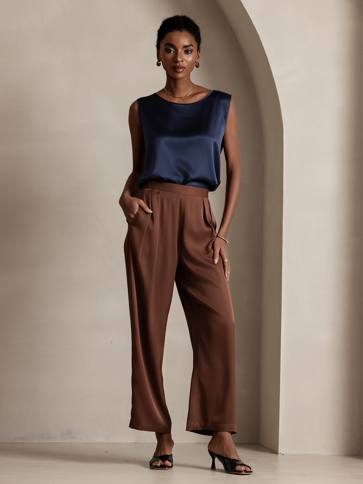 [Bleu Foncé] SilkSilky-FR 19Momme Sans manches Col Rond Top À Fines Brides 004