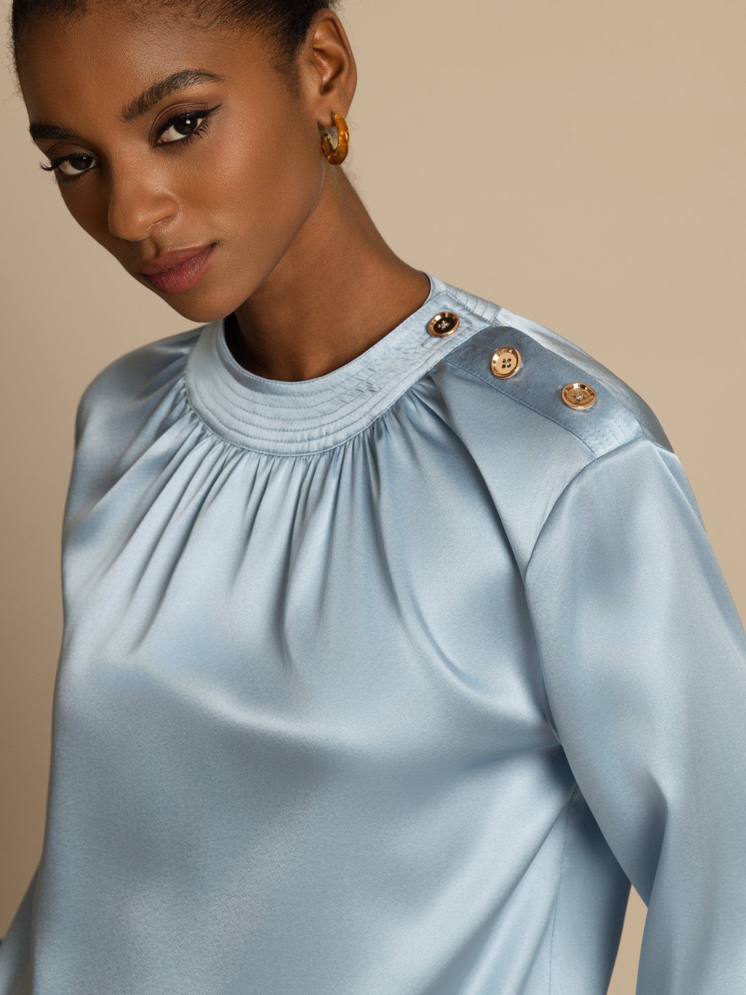 [BleuGrisâtre] SilkSilky-FR 19Momme Soie Manches longues Col Rond Blouse 006