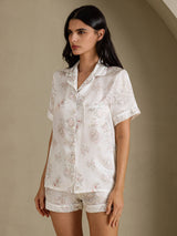 [Fleurs Crème] SilkSilky-FR Short Sleeve Notch Collar Femme Pyjamas 003