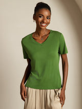 [Vert] SilkSilky-FR Short Sleeve V Neck Femme T-Shirt 003