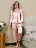 SilkSilky FR Pure Soie Manches longues Revers Femme Pyjamas Rose 003