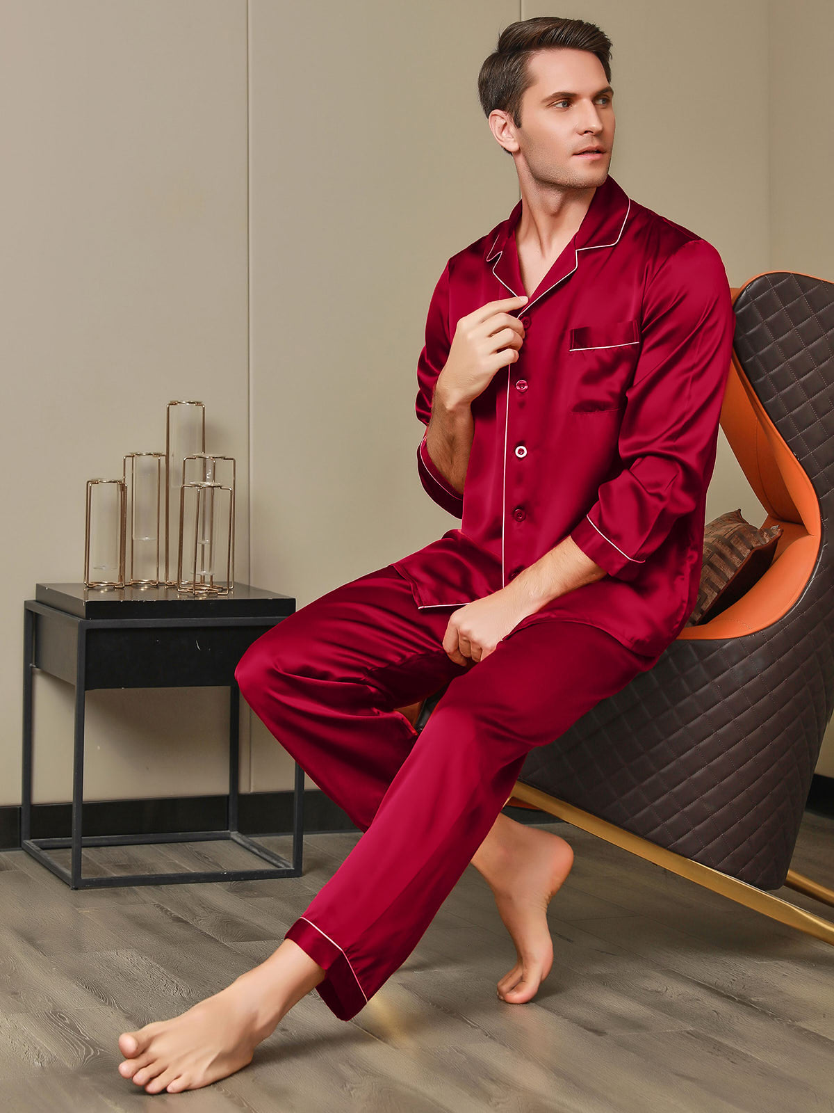 SilkSilky FR 19Momme Pure Soie Manches longues Revers Homme Pyjamas Rouge 006