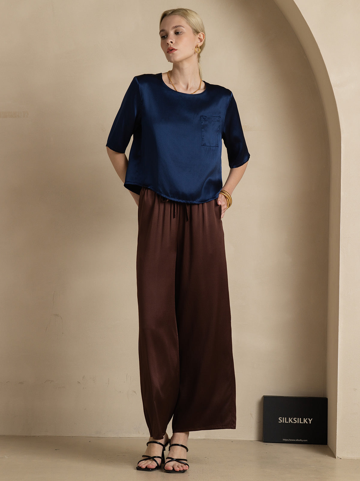 [Bleu Foncé] SilkSilky-FR Pure Soie Col Bateau Femme T-Shirt 007
