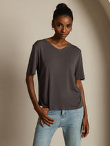 [Gris] SilkSilky-FR Manches courtes Col V Femme T-Shirt 008