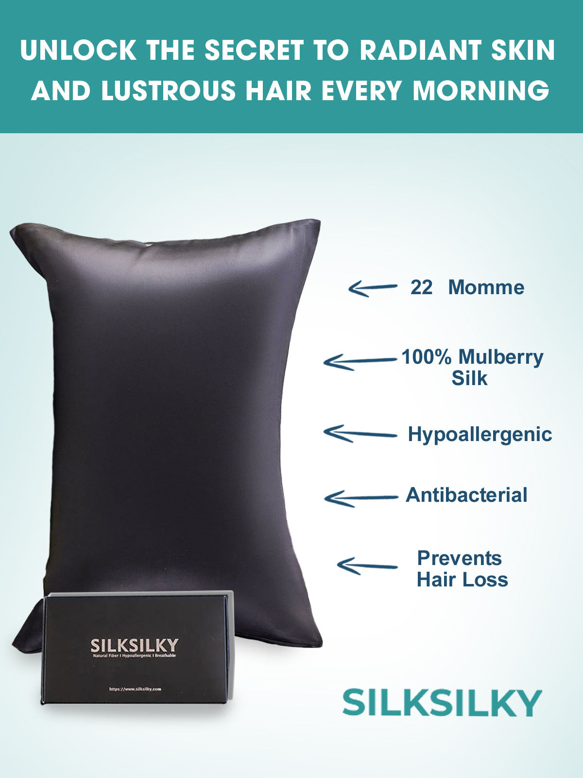 [Noir] SilkSilky-FR 22Momme Pure Soie Pillowcase 002