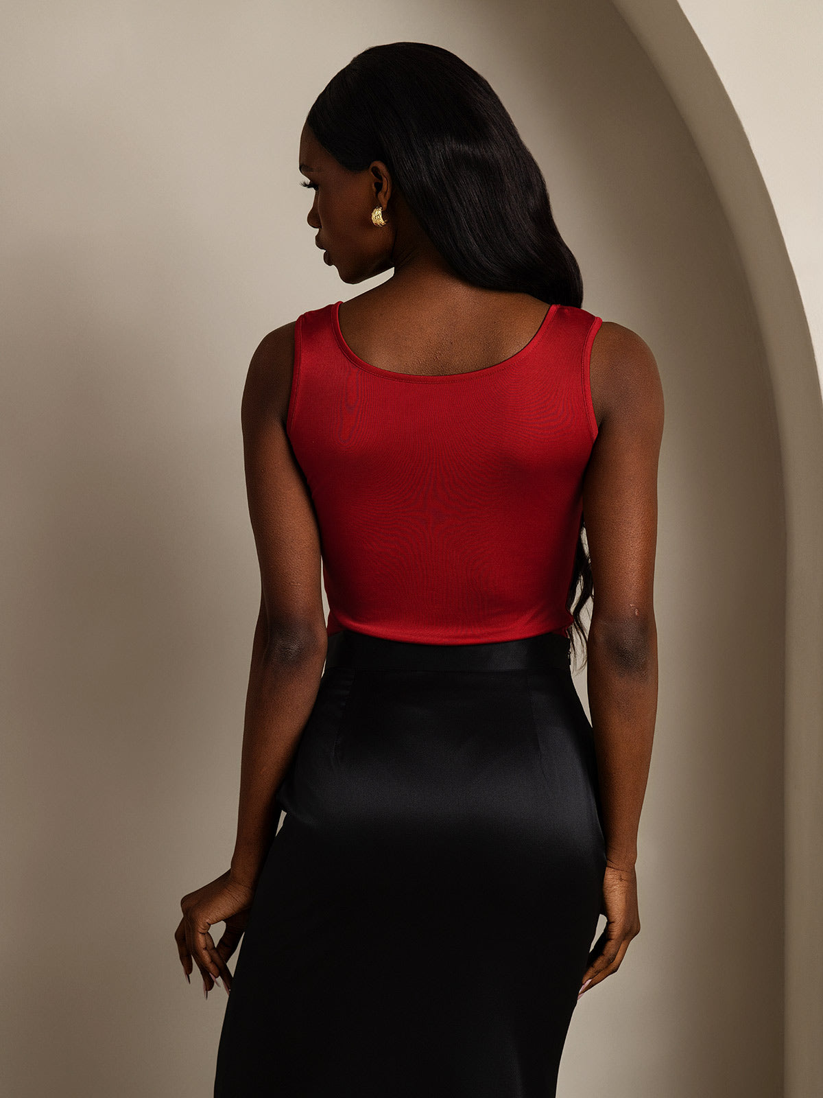 [Rouge Vineux] SilkSilky-FR Soie Tricotée Col Rond Femme T-Shirt 002