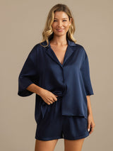 [Bleu Foncé] SilkSilky-FR 19Momme Manches mi-longues Col Cranté Femme Pyjamas 004
