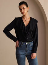 [Noir] SilkSilky-FR Long Sleeve Deep V Neck Blouse 004
