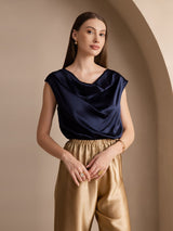 [Bleu Foncé] SilkSilky-FR Cap Sleeve Cowl Neck Femme T-Shirt 003