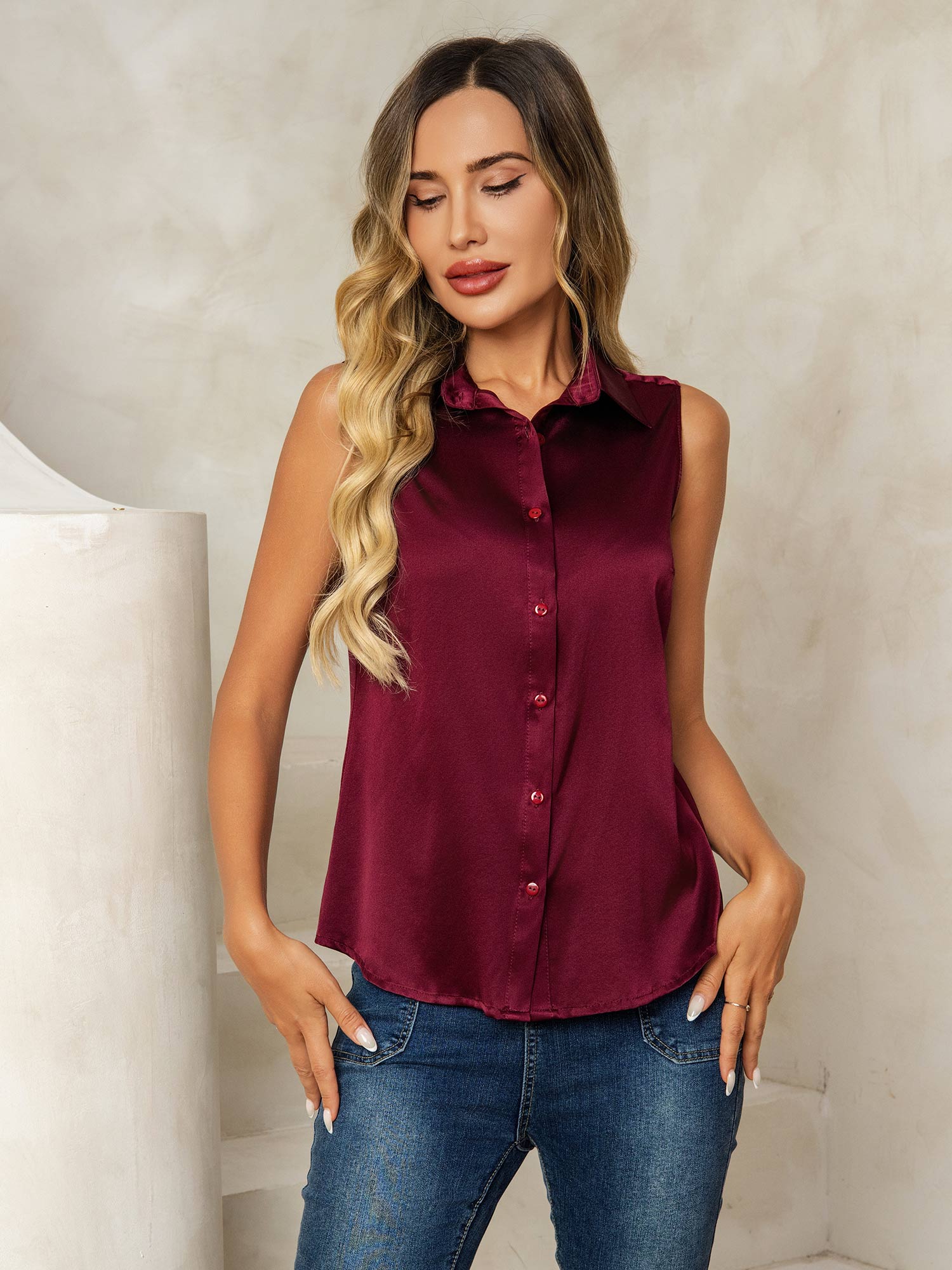 [Rouge Foncé] SilkSilky-FR 19Momme Soie Col Chemise Femme Chemise 005