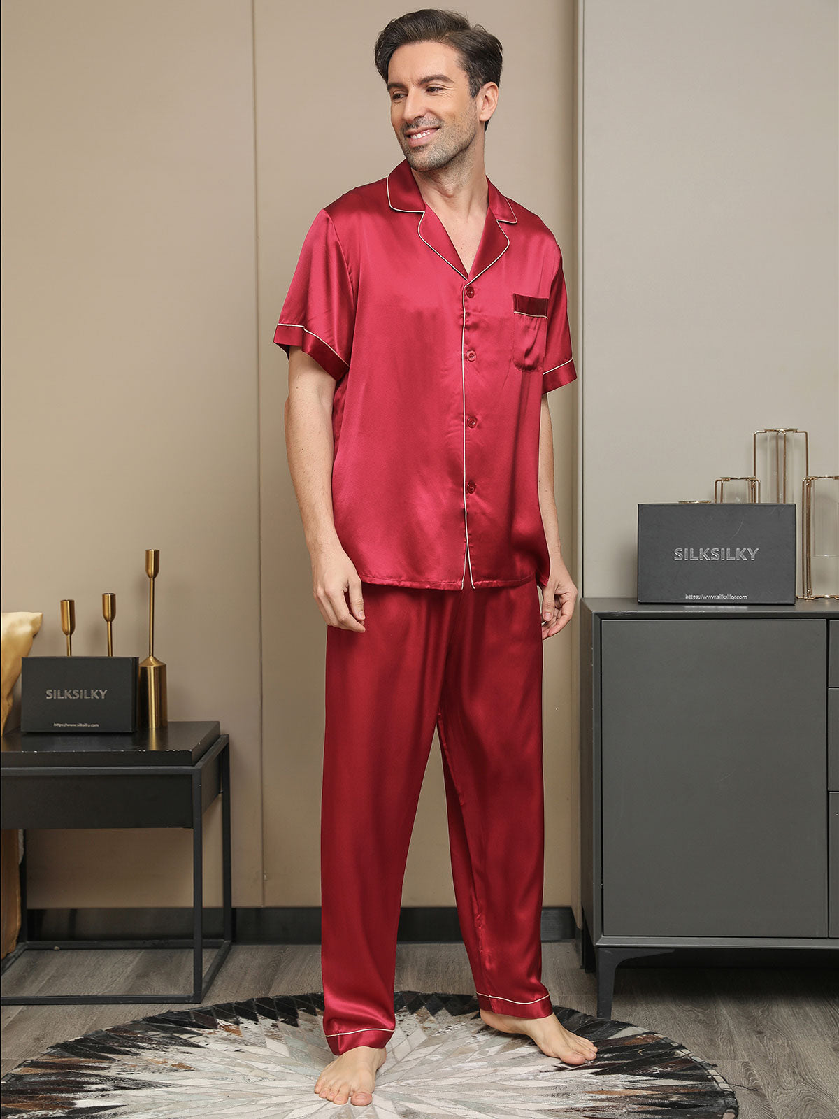 SilkSilky FR 19Momme Pure Soie Manches courtes Revers Homme Pyjamas Rouge 004