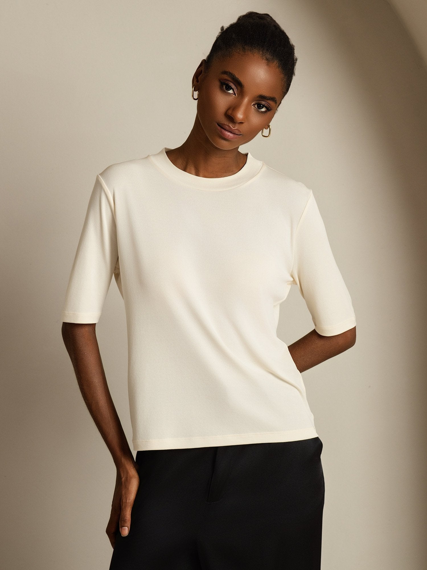 [Beige] SilkSilky-FR Soie Col Rond Femme T-Shirt 005