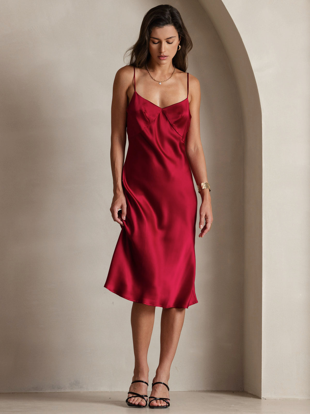 [Rouge Vineux] SilkSilky-FR 19Momme Pure Soie Col en V Robes 005