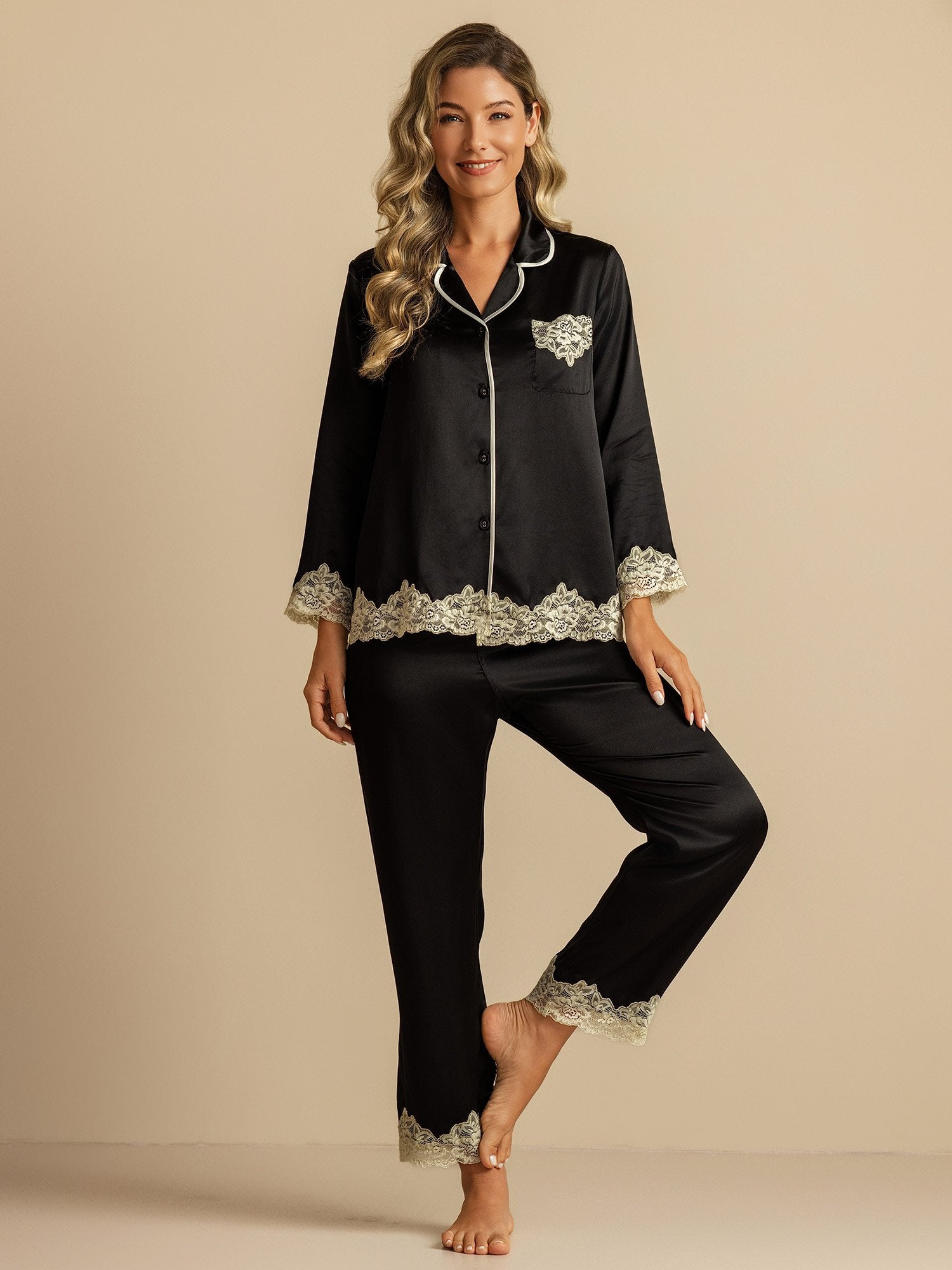[Noir] SilkSilky-FR Soie Womens Pajamas 001