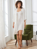 SilkSilky FR Pure Soie Trois quart Nightgown&Robe Set Blanc 004