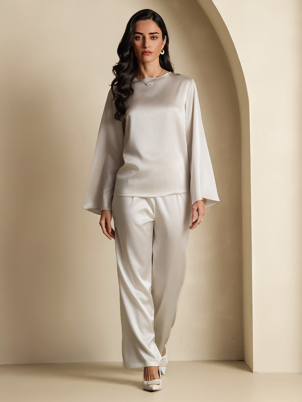 [Gris Clair] SilkSilky-FR 19Momme Soie Col Rond Femme T-Shirt 006