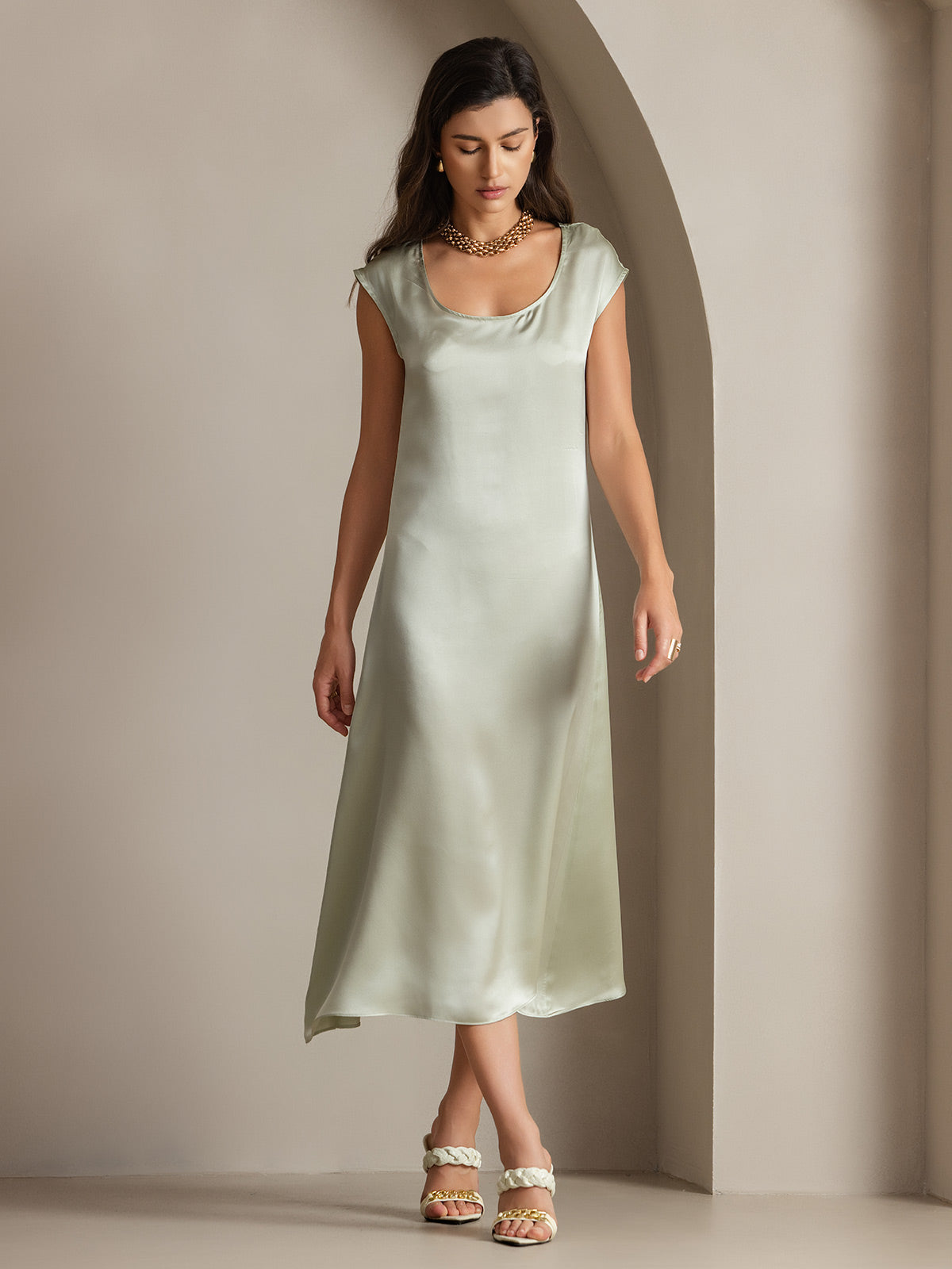 [Vert Clair] SilkSilky-FR 19Momme Soie Col Rond Robes 002