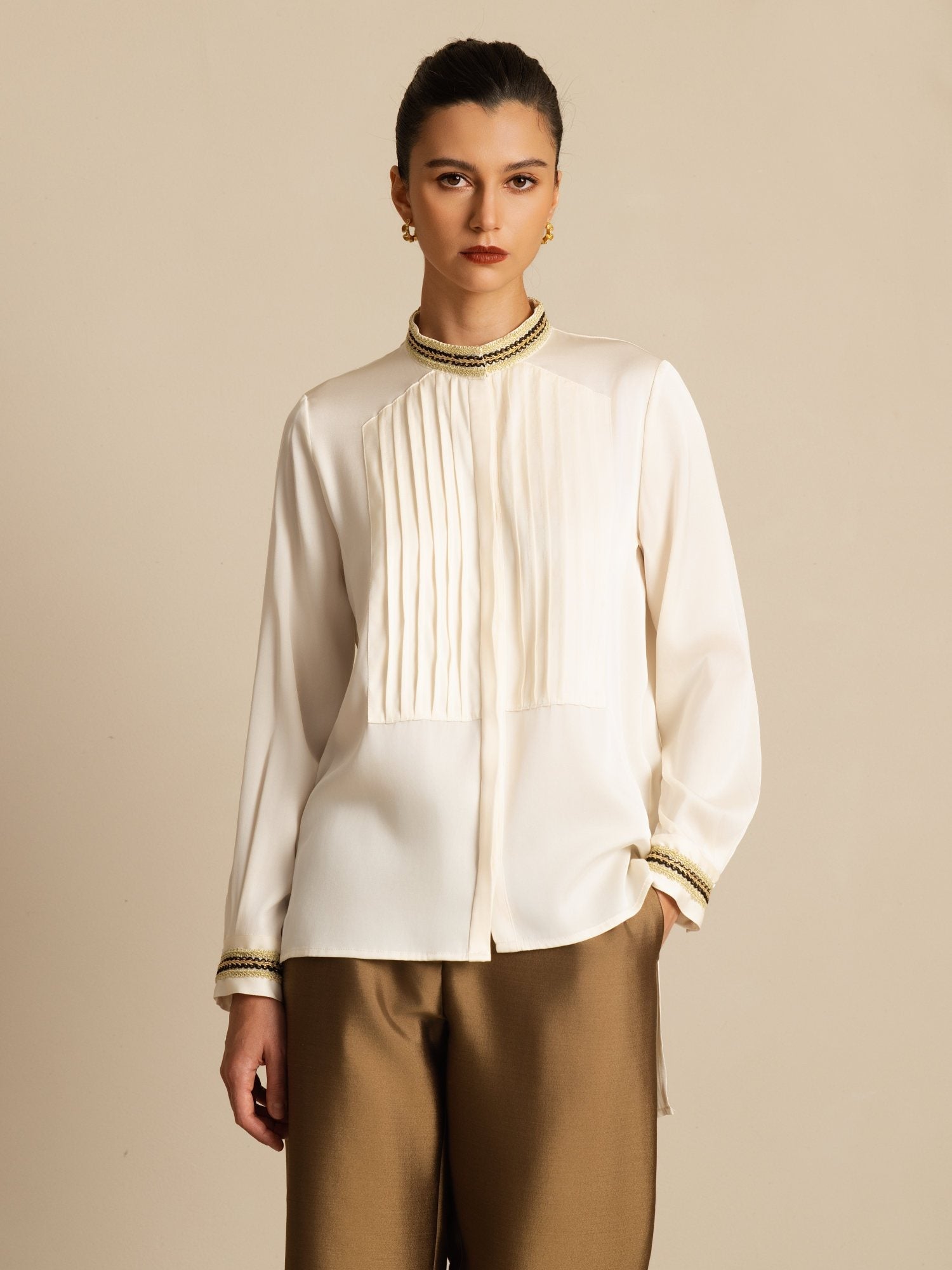 [Perle De Mer] SilkSilky-FR 19Momme Soie Manches longues Col Montant Blouse 001