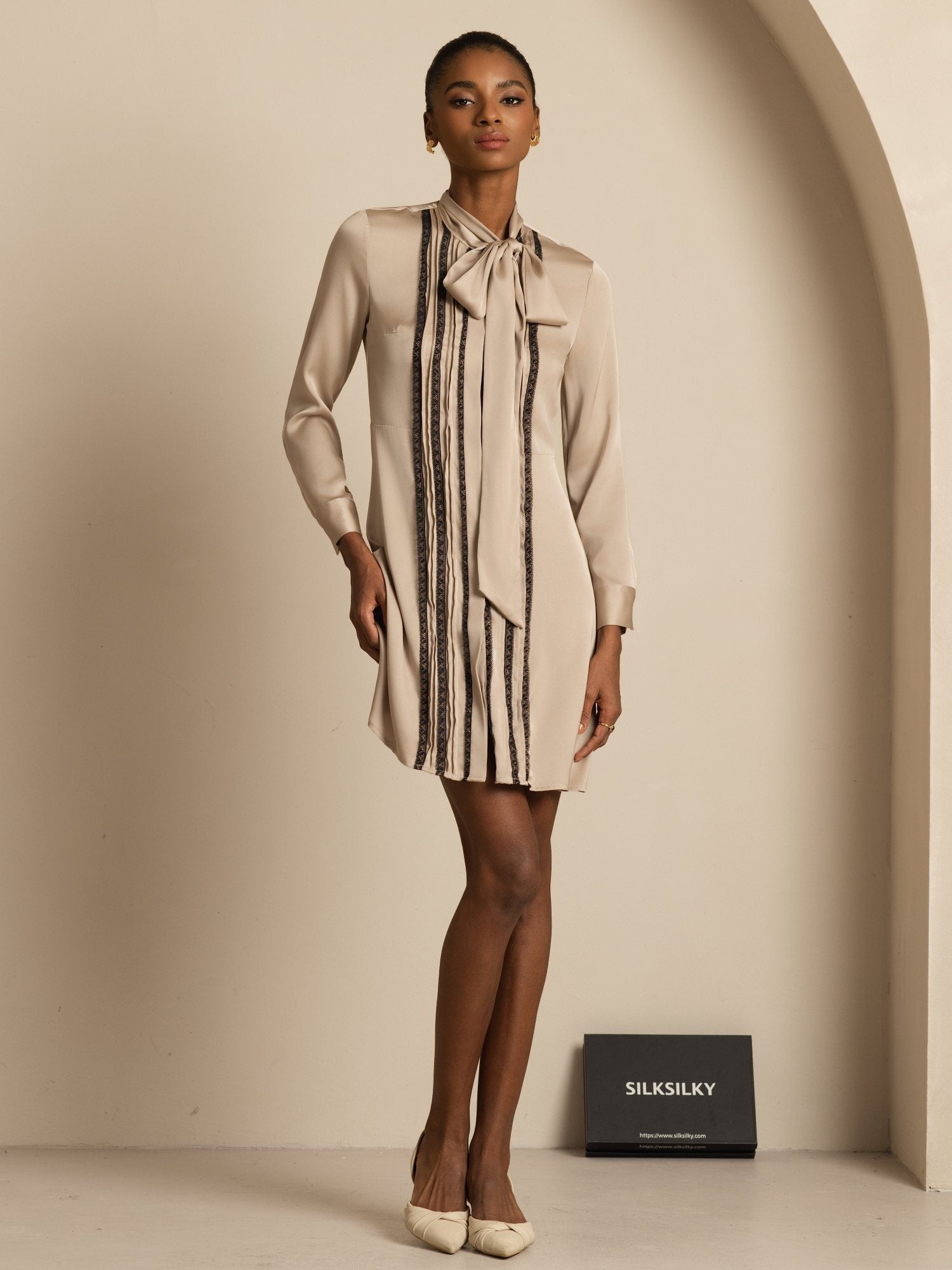 [Tan] SilkSilky-FR 19Momme Soie Manches longues À Nouer Robes 006