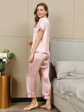 SilkSilky FR Pure Soie Manches courtes Revers Femme Pyjamas Rose 002