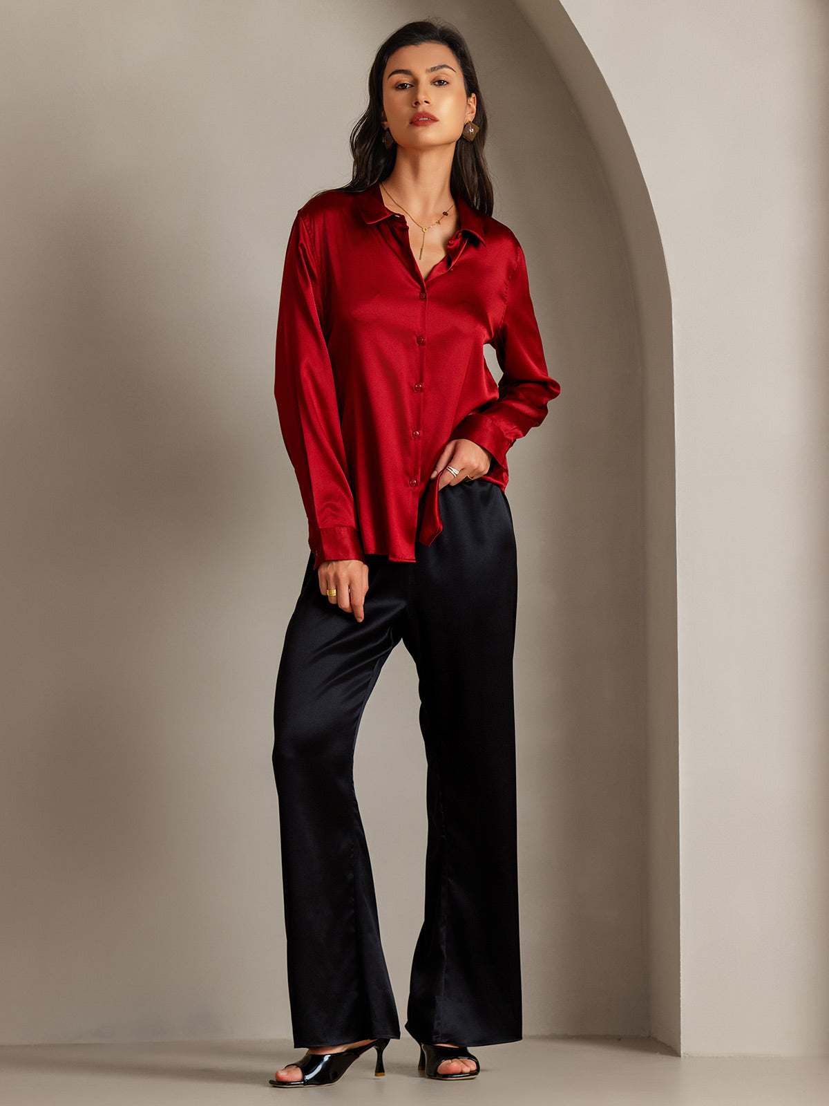 [Rouge] SilkSilky-FR Soie Col Chemise Femme Chemise 004