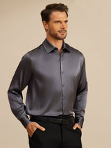 [Gris Foncé] SilkSilky-FR 19Momme Manches longues Col à Revers Homme Chemise 001