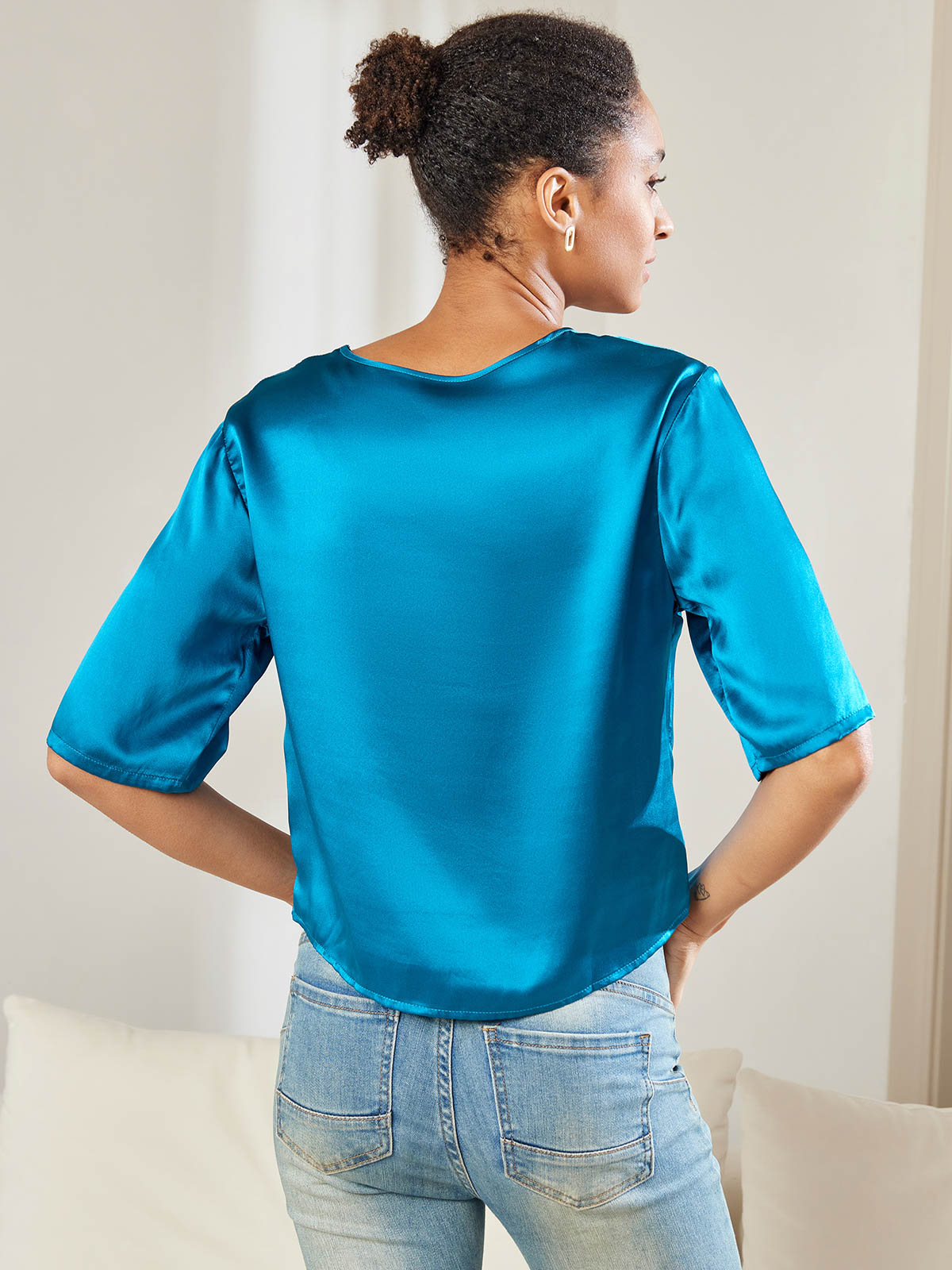 [Bleu Royal] SilkSilky-FR Pure Soie Manches mi-longues Col Bateau Femme T-Shirt 002