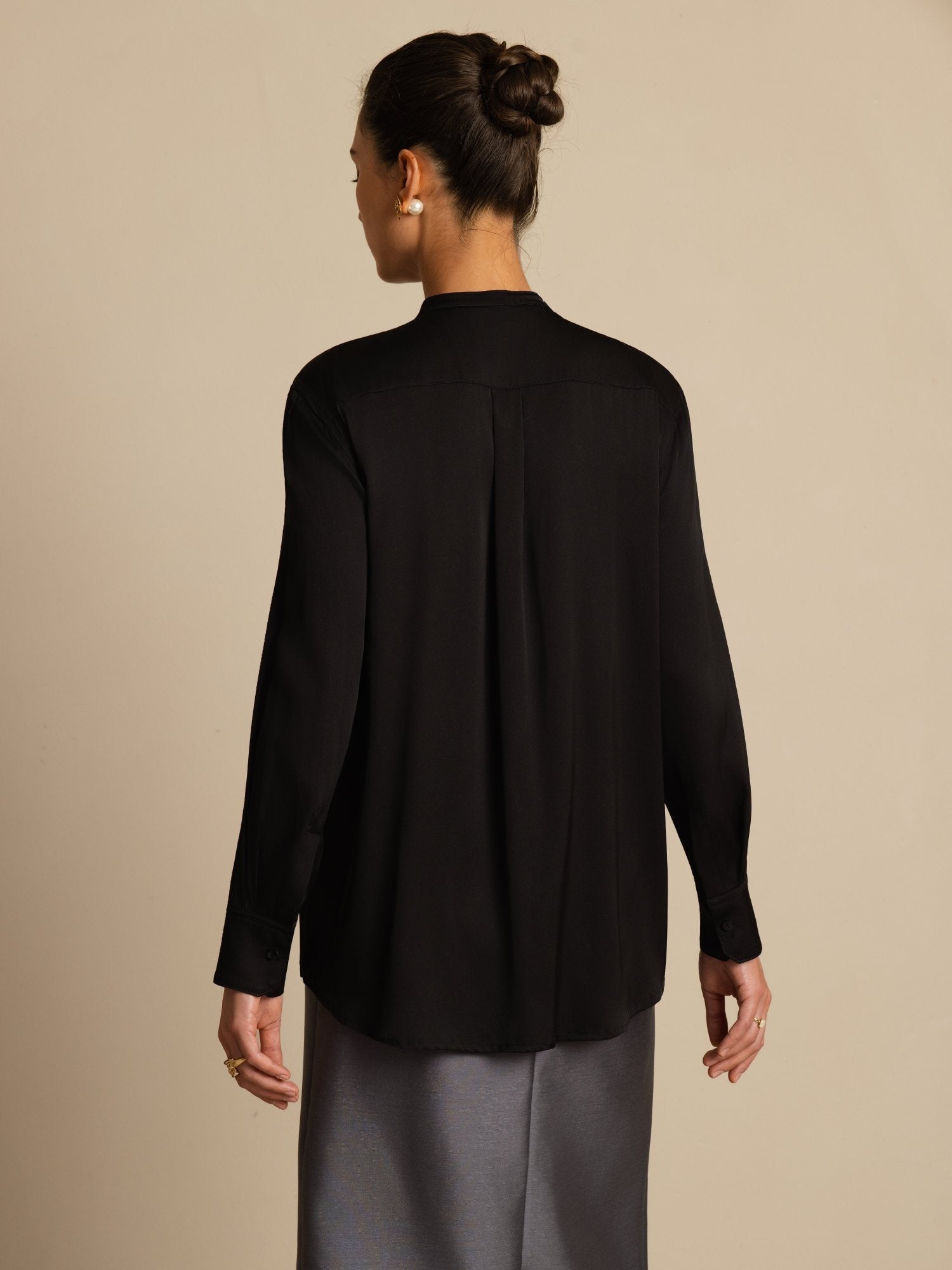 [Noir] SilkSilky-FR 19Momme Soie Manches longues Col Montant Blouse 002