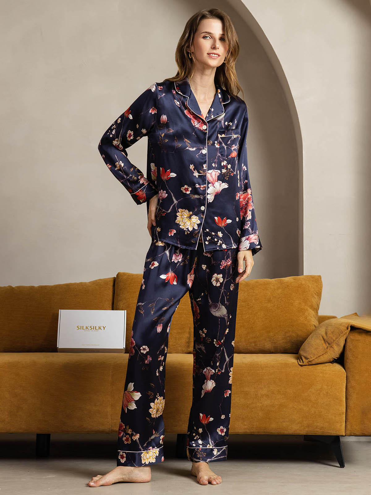 [Floral Marine] SilkSilky-FR Pure Soie Womens Pajamas 004