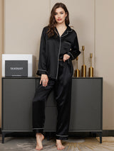 [Noir] SilkSilky-FR Long Sleeve Lapel Collar Femme Pyjamas 001