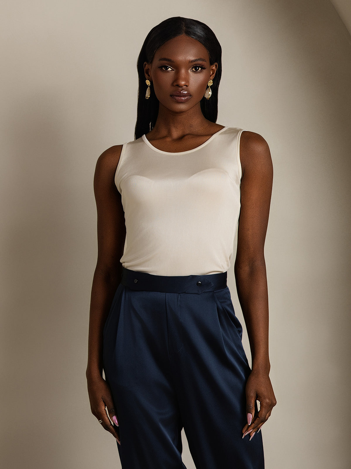 [Beige] SilkSilky-FR Soie Tricotée Col Rond Femme T-Shirt 005