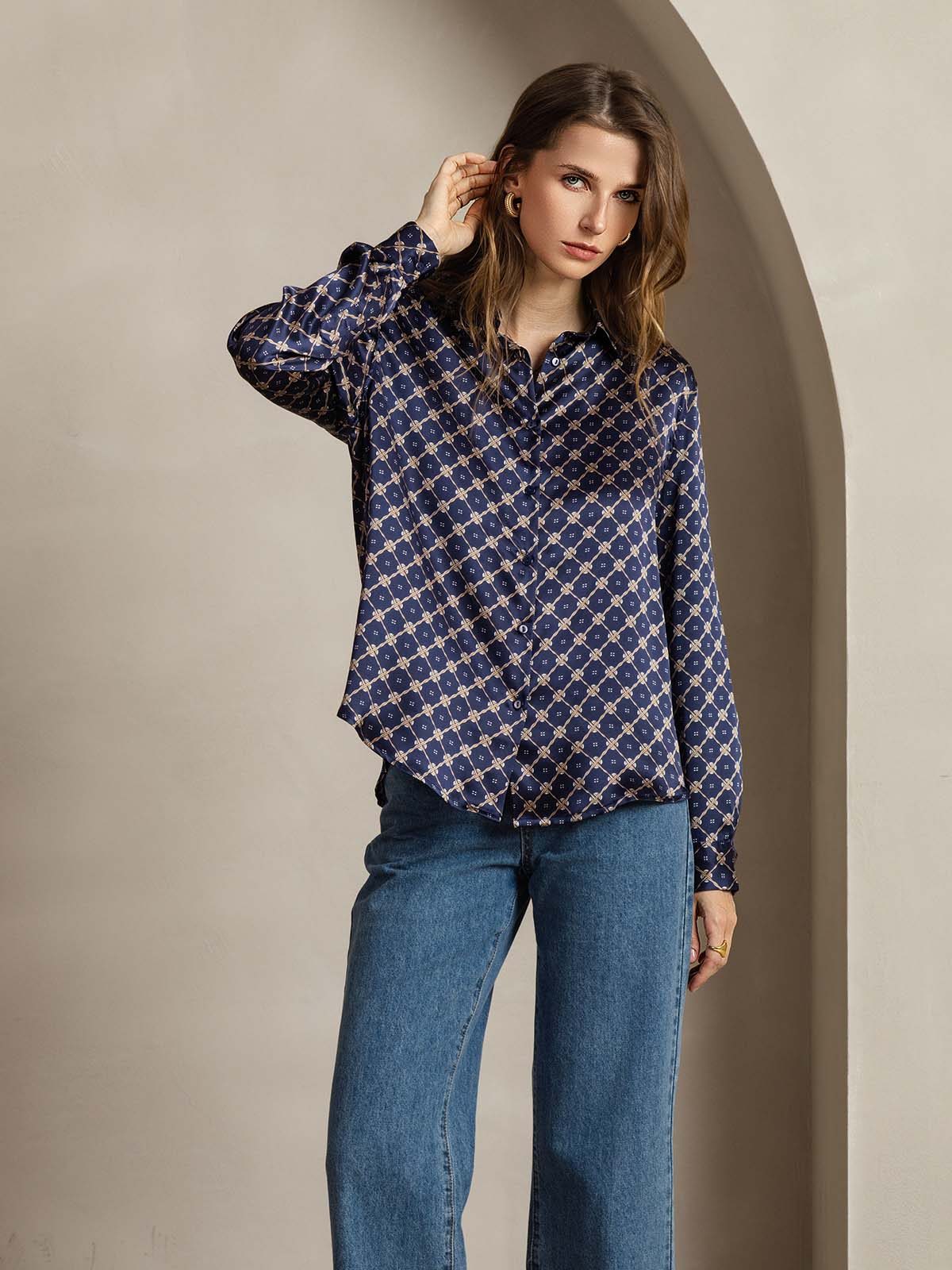 [Chaîne Marine] SilkSilky-FR Soie Manches longues Col Chemise Femme Chemise 004