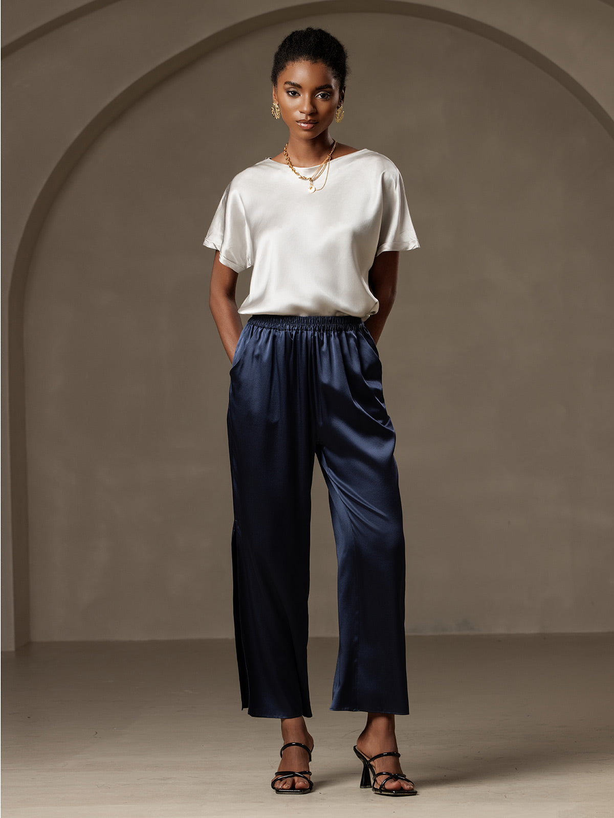 [Gris Clair] SilkSilky-FR 19Momme Soie Col Rond Femme T-Shirt 006