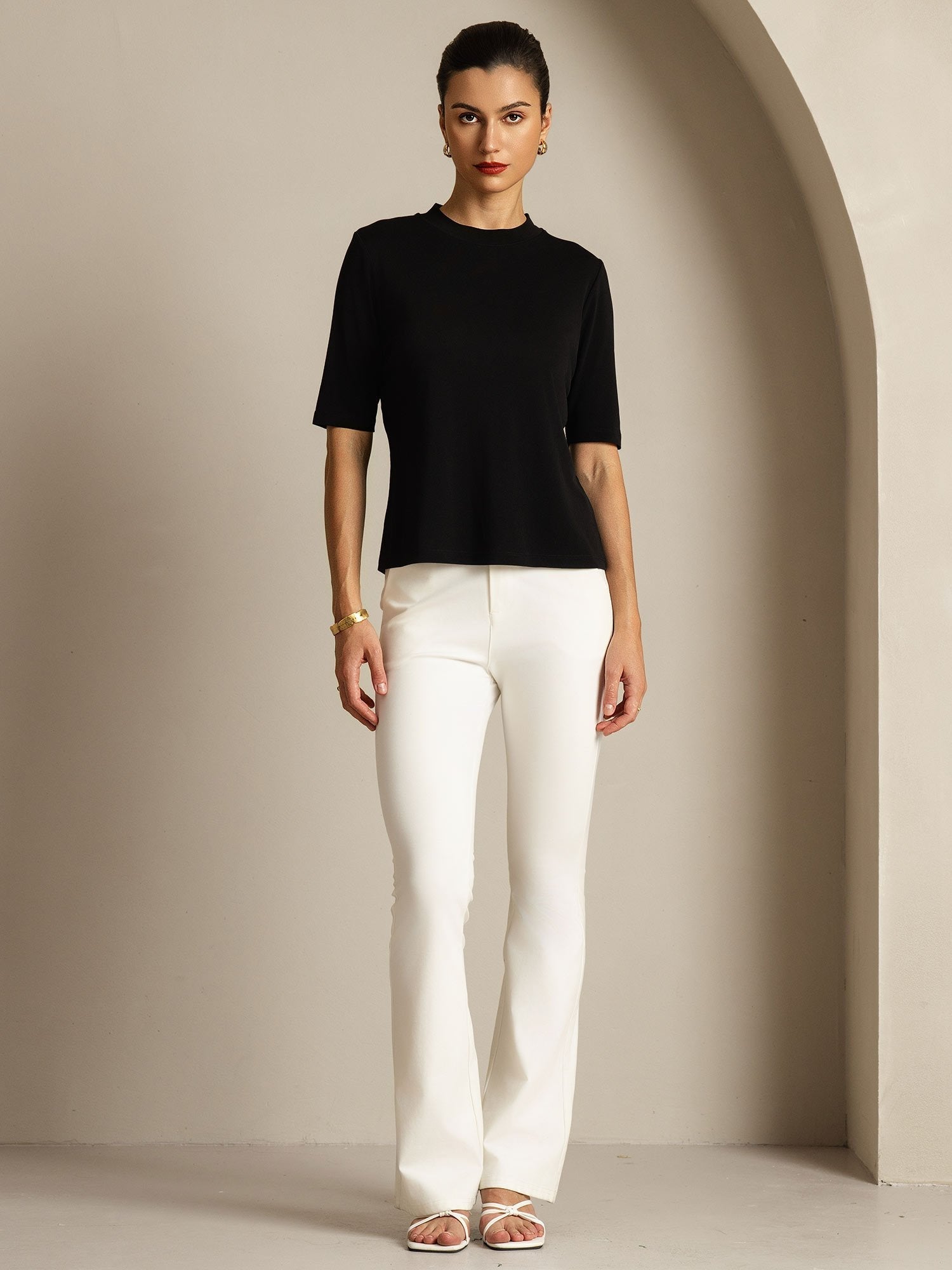 [Noir] SilkSilky-FR Soie Col Rond Femme T-Shirt 003