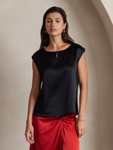 [Noir] SilkSilky-FR Cap Sleeve Round Neck Femme T-Shirt 001